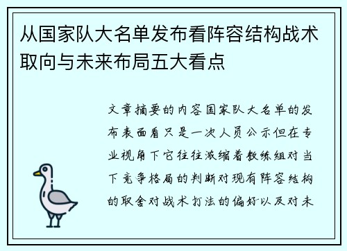 从国家队大名单发布看阵容结构战术取向与未来布局五大看点